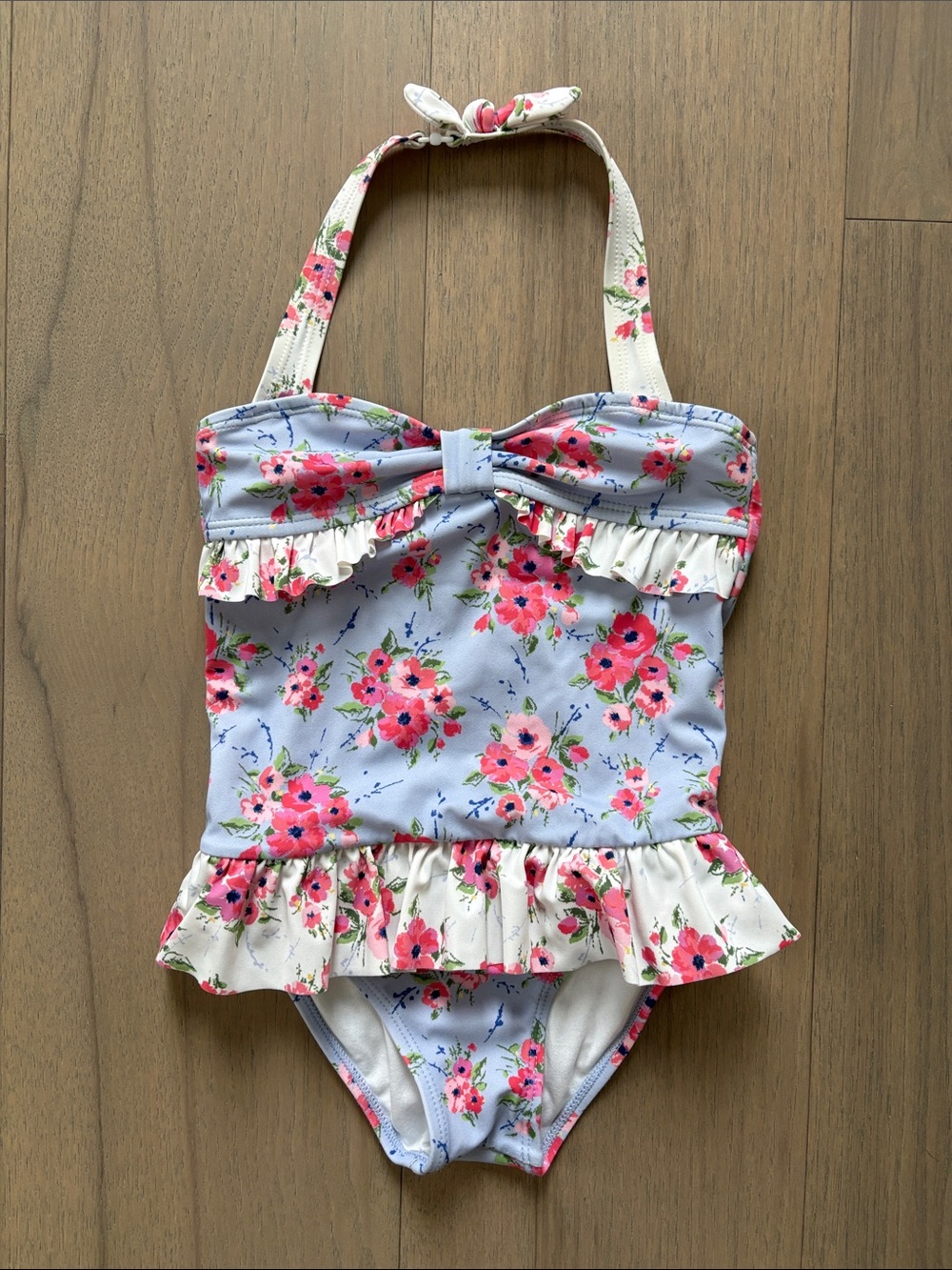 Janie and Jack Floral Ruffle One-Piece Swimsuit - Light Blue & Pink